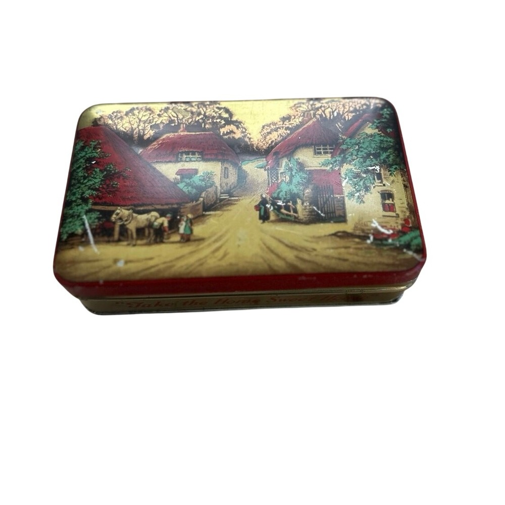 Vintage Blue Bird Toffee Tin Harry Vincent Ltd England Cottage Scene 5.5 Inch